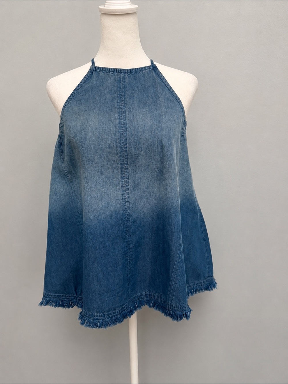 Tea Rose Denim Halter Swing Tank Top Women’s Medium Frayed Hem 100% Cotton